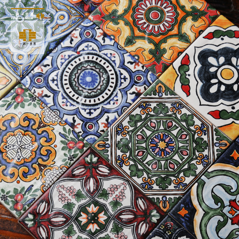 Spanish hand painted small flower brick restaurant kitchen stairs brick art background color flower tile waistline tile 80