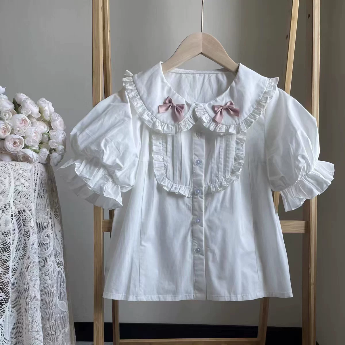 Плюшивая кукла, хлопковая милая белая рубашка с бантом, стиль лолита, воротник куклы, puff рукава, для подростков