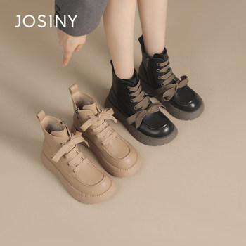 Zhuo shini autumn and winter genuine women's short boots round toe thick-soled lace-up british style wide-band martin boots versatile