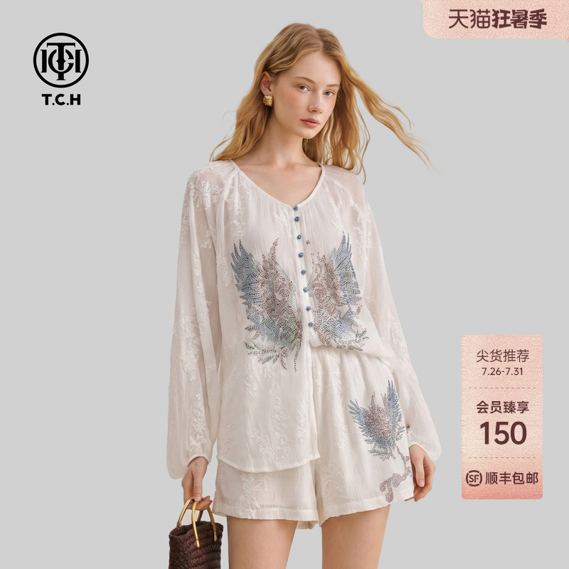 Tch Hot-Stone Embellished Wing White Long-Sleeve Shirt and Shorts Two-Piece Set 2026 Summer New Lightweight Loose Drape Suit Tch Hot-Stone Embellished Wing White Long-Sleeve Shirt and Shorts Two-Piece Set 2026 Summer New Lightweight Loose Drape Suit
