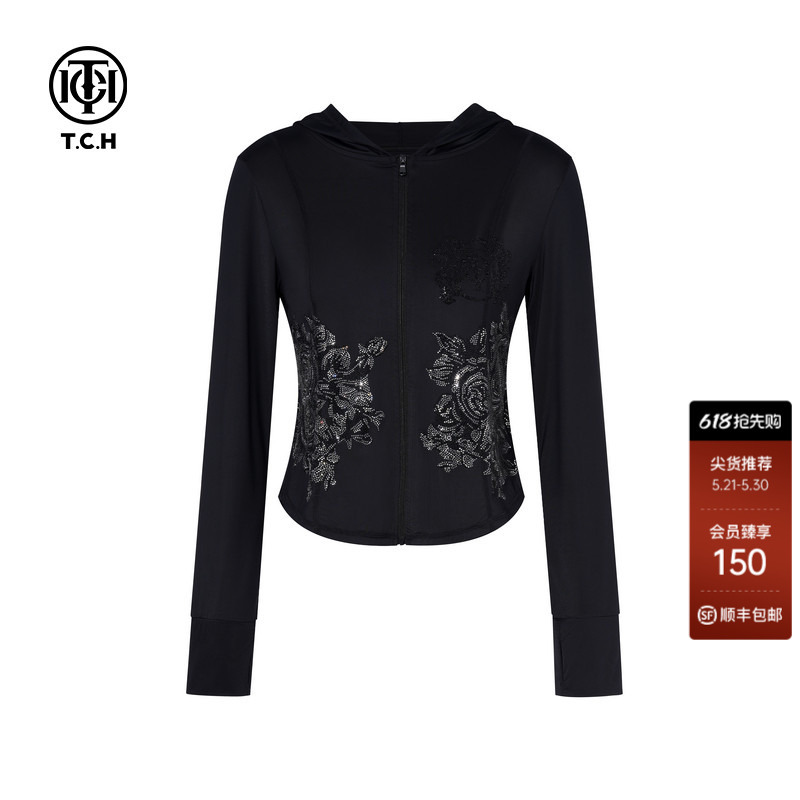 Tch New Chinese Style Series Floral Rhinestone Hooded Sun Protection Shirt T78B27E1003