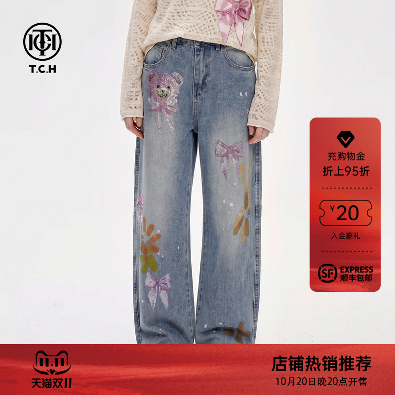 Tch Sweet and Cool Vintage Slimming Jeans for Women 2026 Autumn New Style Bow Bear Rhinestone High-Waisted Wide-Leg Pants Tch Sweet and Cool Vintage Slimming Jeans for Women 2026 Autumn New Style Bow Bear Rhinestone High-Waisted Wide-Leg Pants