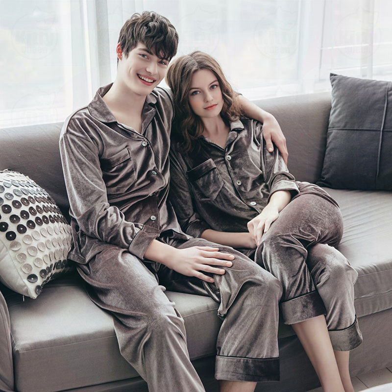 Couple pajamas women's 2022 new spring and autumn gold velvet long-sleeved high-end women's two-piece home service suit men