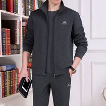 2021 new mens sports suit autumn and winter dad outfit velvet thickened leisure three-piece set of middle-aged jacket