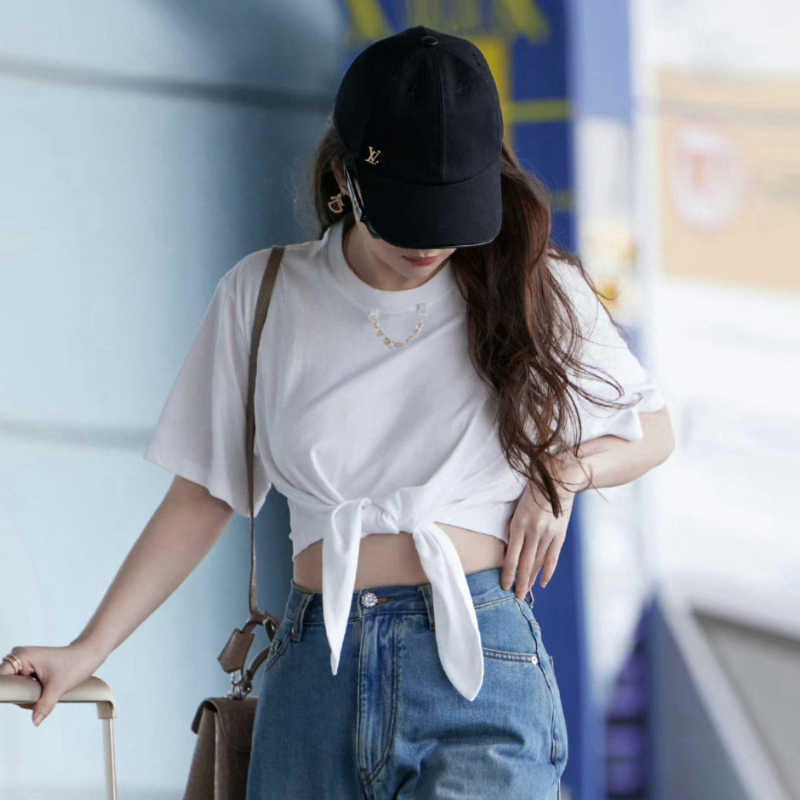 Celebrity Liu Yifei's Same Style High-Waisted White Short-Sleeved T-Shirt for Women ins Niche Design Versatile Short Crop Top
