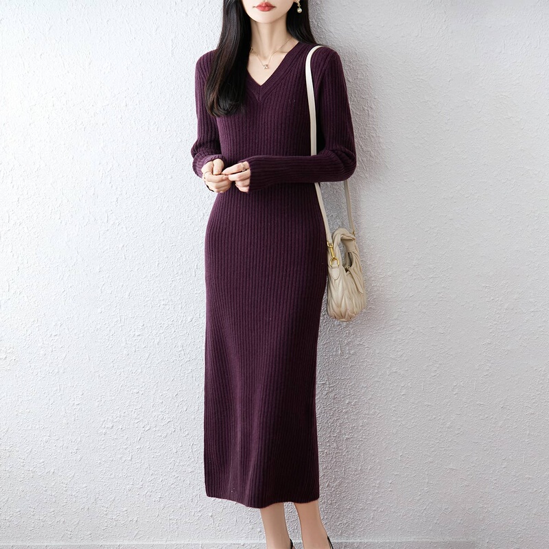 Autumn and Winter New Style V-Neck 100% Pure Wool Dress for Women, Slim-Fit Knitted Long Dress, Long-Sleeved Mid-Length Sweater Dress Autumn and Winter New Style V-Neck 100% Pure Wool Dress for Women, Slim-Fit Knitted Long Dress, Long-Sleeved Mid-Length Sweater Dress