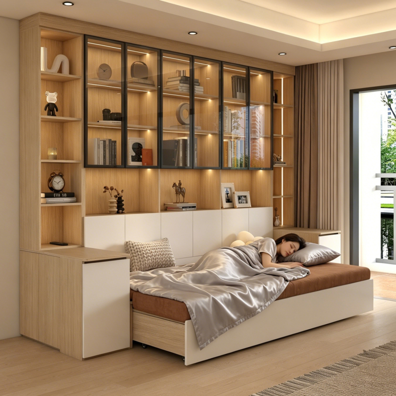 Card Holder Sofa, Bookcase with Pull-Out Bed, Storage Cabinet Integrated into the Whole Wall, Small Apartment Living Room, Foldable Multi-Functional Bookcase