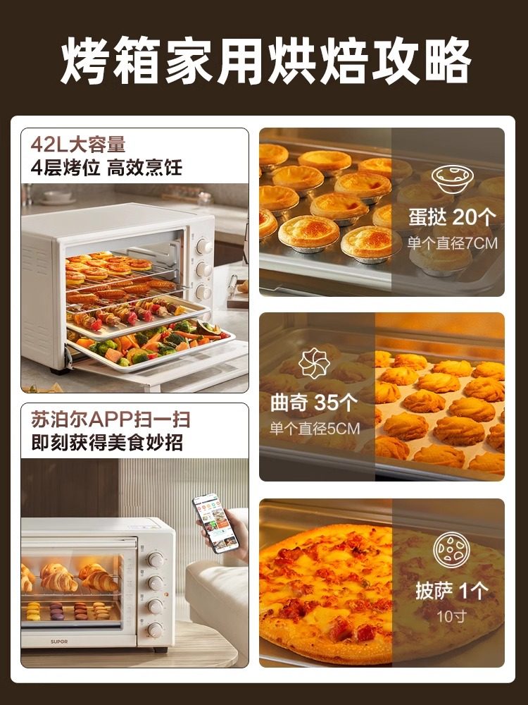 Supor Oven for Home Use, Small Baking Machine with Steaming and Baking Functions, Large Capacity 42 Liters Electric Oven, 2025 New Model
