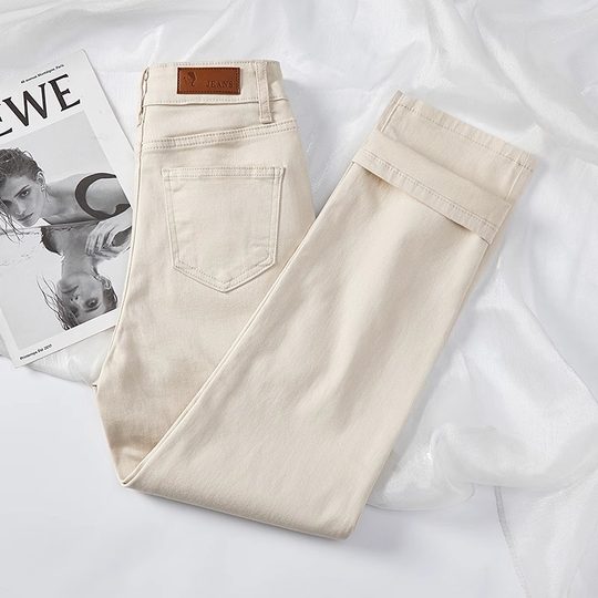 Beige cigarette straight jeans come with free shipping insurance
