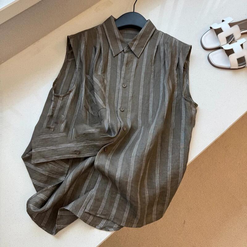 Olive Green Striped Sleeveless Shirt for Women, Summer Style, Cool, Breathable, Loose-Fitting Vest Top