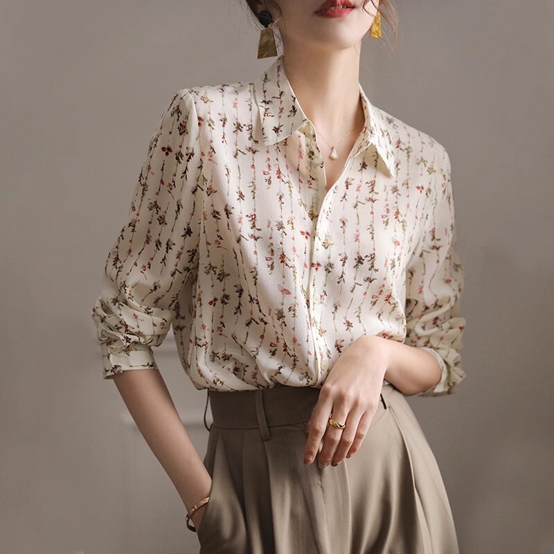 Spring Women's Clothing 2025 New Style Elegant Polo Collar Floral Long-Sleeved Shirt Loose Slimming Chiffon Shirt