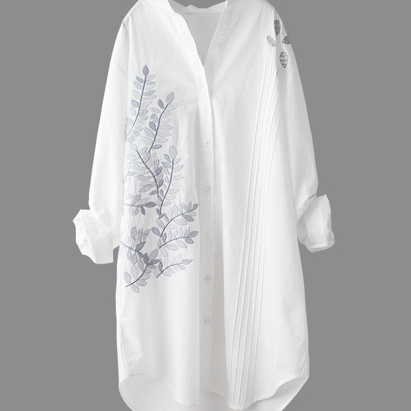 Artistic Style Spring and Autumn Versatile Elegant Embroidered Leaf White Loose Mid-Length Long-Sleeved Shirt Women's Base Shirt Artistic Style Spring and Autumn Versatile Elegant Embroidered Leaf White Loose Mid-Length Long-Sleeved Shirt Women's Base Shirt
