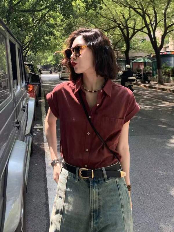 French-Style Short-Sleeved Shirt for Women, Summer 2023 New Design, Niche Sleeveless Shirt, Cotton and Linen Top, Summer Women's Style French-Style Short-Sleeved Shirt for Women, Summer 2023 New Design, Niche Sleeveless Shirt, Cotton and Linen Top, Summer Women's Style