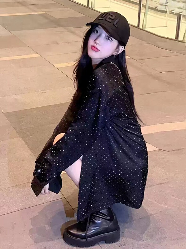 2023 Spring and Autumn New Style Salt-Style Trendy Versatile Loose Black Casual Sequin-Studded Diamond-Embellished Shirt Jacket for Women