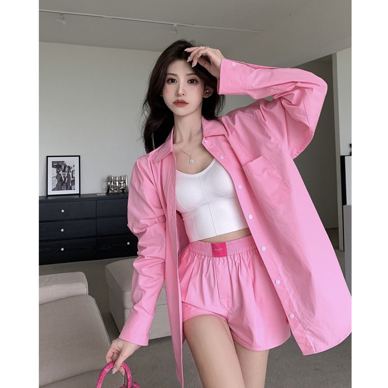 Trendy Internet Celebrity Shirt Set for Women, Spring 2024 New Style, Loose Casual, Stylish Pink Shirt Two-Piece Set