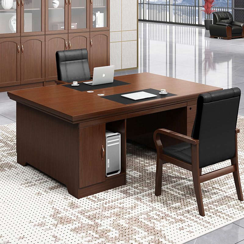 Boss's Computer Desk with Paint Finish, Single/Double Seat with Drawers, Face-To-Face Teacher's Office, Solid Wood Leather Desk and Chair Set