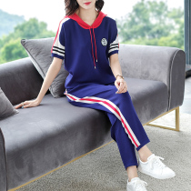 European Station Trendy Ocean Ice Silk Knit Two Sets Womens Summer Fashion Short Sleeve Loose Casual Sports Suit Thin