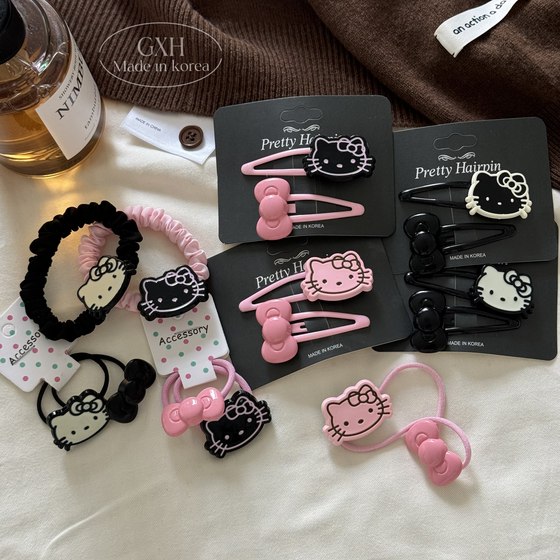 黑粉色系KT女童发绳甜酷风小肠发圈BB夹领结猫咪绕绕绳甜美刘海夹