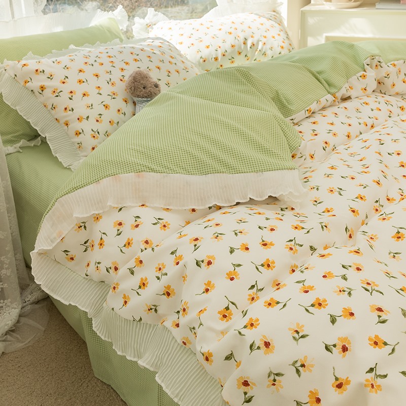 Baijiaing Little Fresh And Broken Flowers Bed Bedding Four Pieces Of Summer New Washed Cotton Quilt Cover Three Style Bed Group Spring Autumn