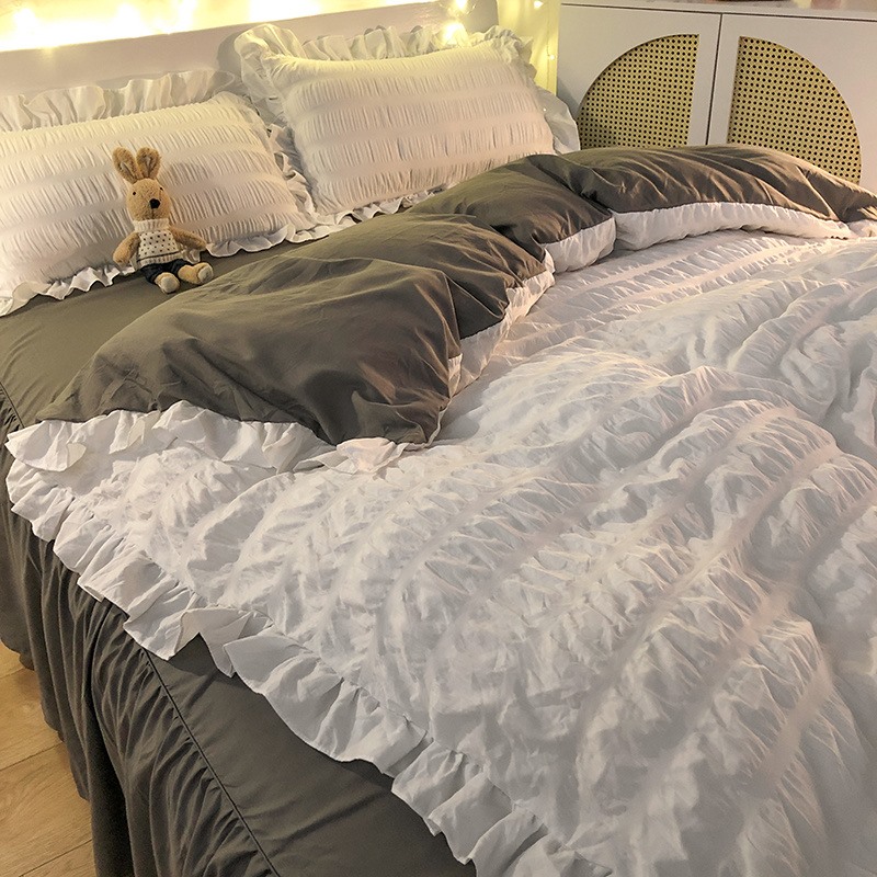 BerHome Romance Washed Cotton Bed Skirt Four Pieces Of Summer Ice Silk Princess Bed Linen Quilt Cover Three Sets of bedding