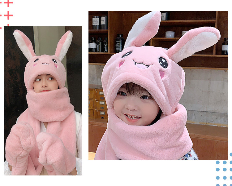 2022新款兔耳朵会动帽子女秋冬季儿童围脖围巾手套三件套一体女童详情15