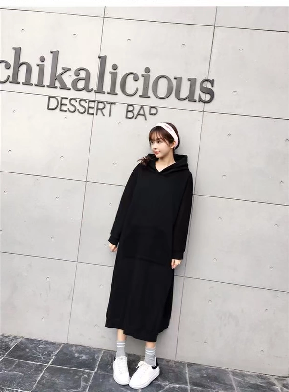 Mùa thu và mùa đông Phiên bản Hàn Quốc của phần dài trên đầu gối áo len lỏng lẻo của phụ nữ trùm đầu giản dị cộng với kích thước cộng với đầu áo nhung cec - Áo len