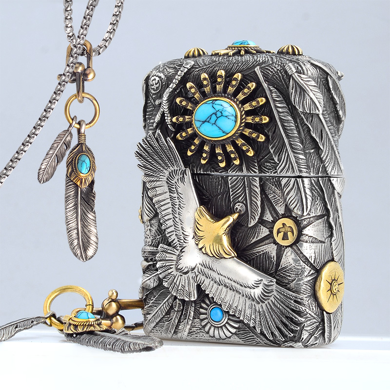 zippo lighter kerosene Indian Eagle Banglong Sheng Heilong Carved Silver Copper Chip