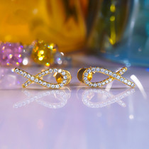 18K gold USA imported mosanstone group inlaid geometric cross ear nail AU750 temperament design small fish ear decoration