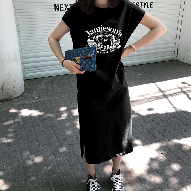 Cotton Korean Style Fashion Casual Spring/Summer Long Loose Plus Size Sleeveless T-Shirt Dress with Slit Hem ins Cotton Korean Style Fashion Casual Spring/Summer Long Loose Plus Size Sleeveless T-Shirt Dress with Slit Hem ins