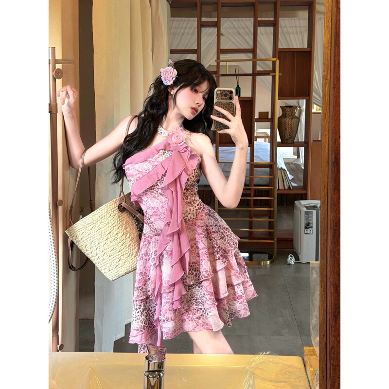 Bull0313【One Three】Feiye Rose Pink Leopard Print Contrast Color Halter Neck Irregular Hem Dress