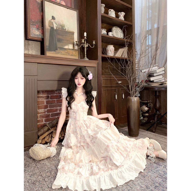 Bull0313【One Three】Huayu Yunluo Sweet Little Flutter Sleeve Exquisite Floral Cake Dress Long Dress