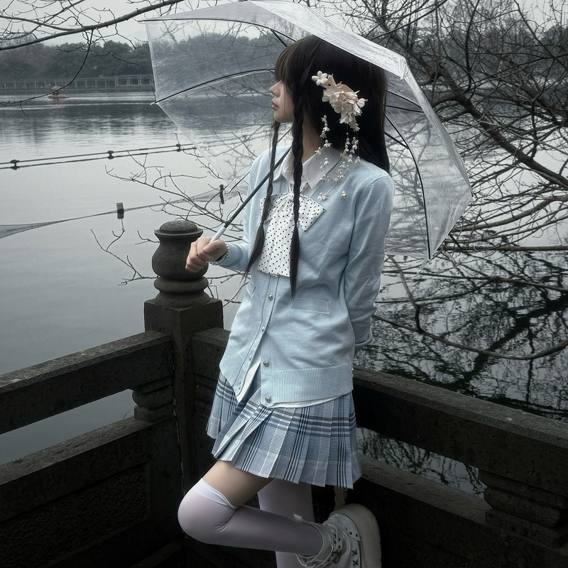 【Celsius】Original Kuizi Jk Uniform Skirt Genuine High-Waisted Pleated Skirt Plaid Skirt Knitted Cardigan Shirt Set