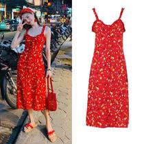 Star Zhong Chuxi with the same suspender dress Chiffon red floral long dress female summer vacation wind dress seaside