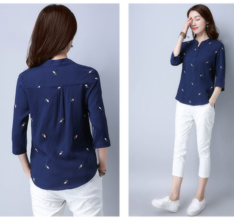 Áo cotton và vải lanh top 2019 mùa hè mới chạm đáy áo mới thêu phụ nữ quần áo rộng bảy điểm tay áo thun nữ thủy triều - Áo phông áo phông đẹp nữ