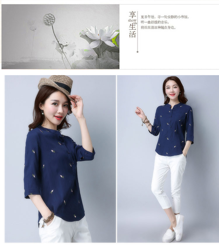 Áo cotton và vải lanh top 2019 mùa hè mới chạm đáy áo mới thêu phụ nữ quần áo rộng bảy điểm tay áo thun nữ thủy triều - Áo phông áo phông đẹp nữ