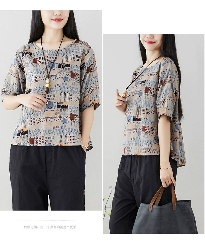 Cotton và vải lanh gió quốc gia của phụ nữ nghệ thuật retro 2019 mùa hè mới áo sơ mi lỏng lẻo chạm đáy áo sơ mi ngắn tay - Áo phông áo thun tay lỡ