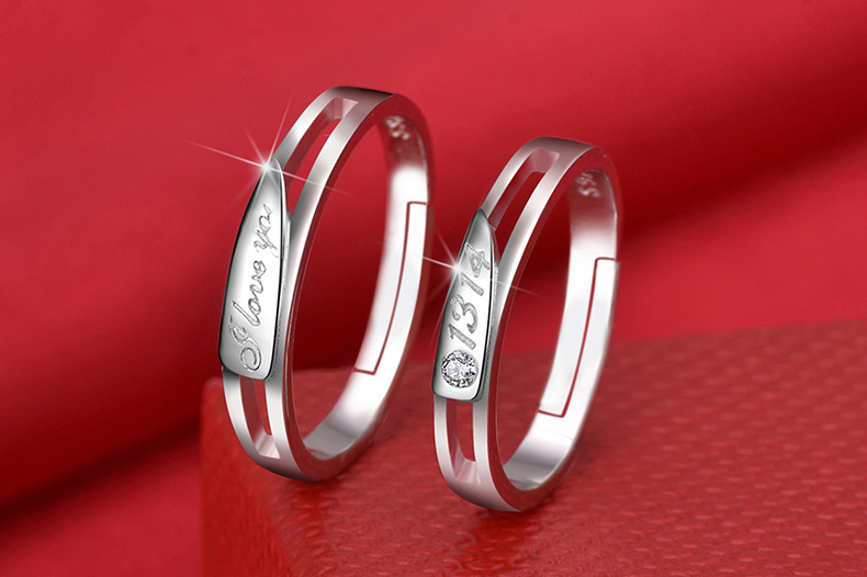 S925 sterling silver couple nhẫn một cặp chữ đồ trang sức nam giới và phụ nữ sống miệng để vòng đơn giản mở nhẫn cưới chiếc nhẫn kim cương