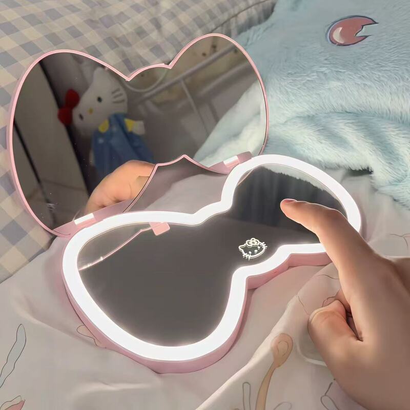 Hellokitty Bow Mirror Kt Portable Mirror Rechargeable Led Light Makeup Mirror as a Birthday Gift for Your Girlfriend