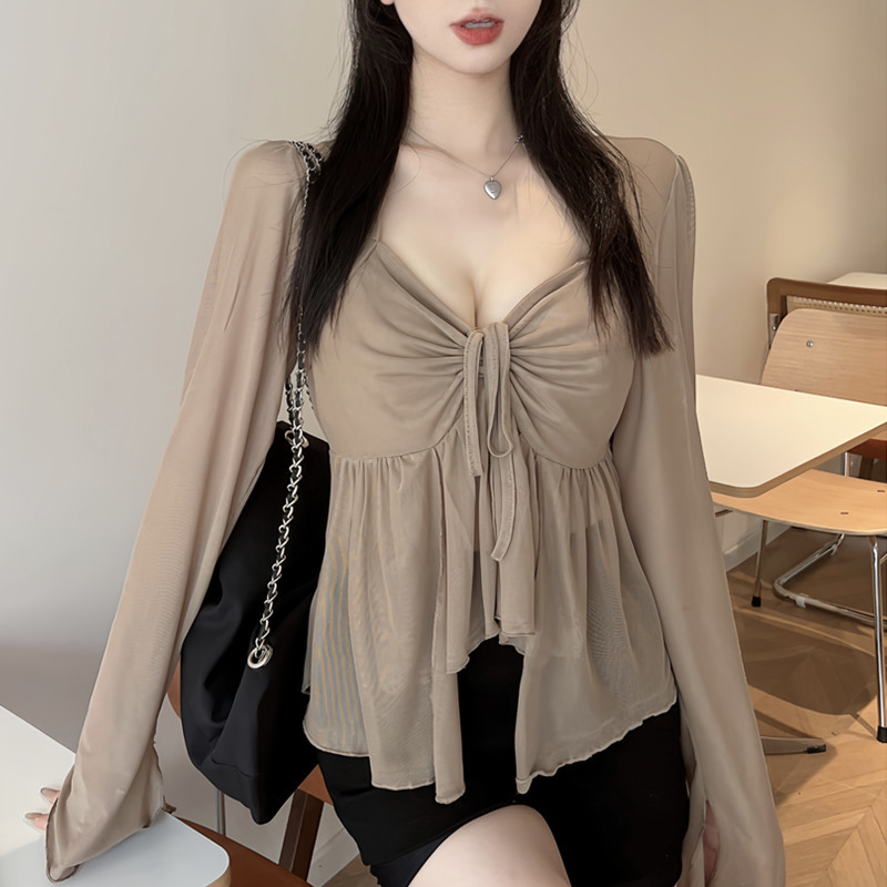 Plus-Size Women's Clothing That Covers the Belly, Elegant Square-Neck Pure Desire Shirt for Chubby Girls, High-End Sexy Long-Sleeve Sun-Protective Top