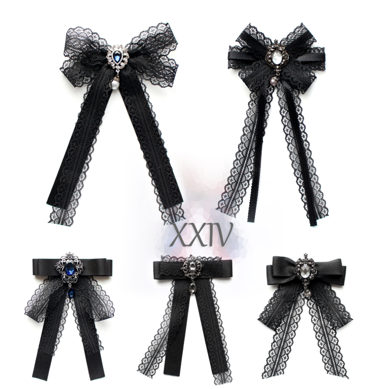 Lace Bow Tie Long Flowing Neck Accessory Korean Black Chanel-Style Rhinestone Collar Flower Preppy Hair Accessory