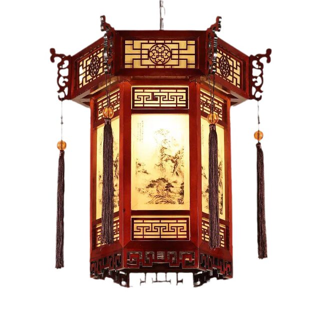 Chinese-Style Antique Imitation Solid Wood Chandelier, Hexagonal Temple and Ancestral Hall Lantern, Retro Hotel, Teahouse, Hotel Corridor, Balcony Chandelier