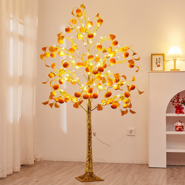 Led Light-Up Tree with Simulated Pomegranate Fruit for Year of the Horse, Suitable for Mall and Shop Window Decoration, Persimmon Decorative Tree Ornament