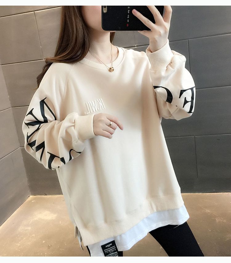 Fake hai mảnh phiên bản Hàn Quốc của cổ tròn lỏng lẻo trùm đầu áo len in chữ hoang dã áo khoác nữ 2020 mùa xuân và mùa thu - Áo len