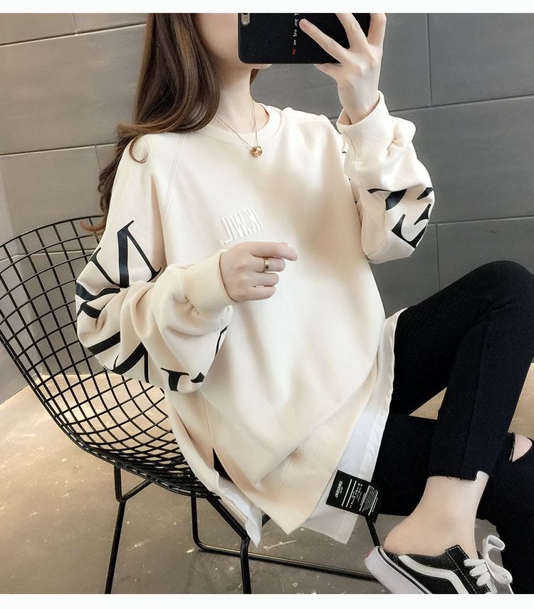 Fake hai mảnh phiên bản Hàn Quốc của cổ tròn lỏng lẻo trùm đầu áo len in chữ hoang dã áo khoác nữ 2020 mùa xuân và mùa thu - Áo len