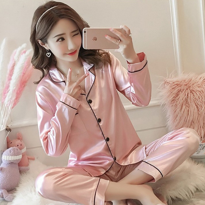 Spring and autumn ice silk pajamas women's fat mm long-sleeved sexy silk plus fertilizer plus size can be worn two-piece home clothes