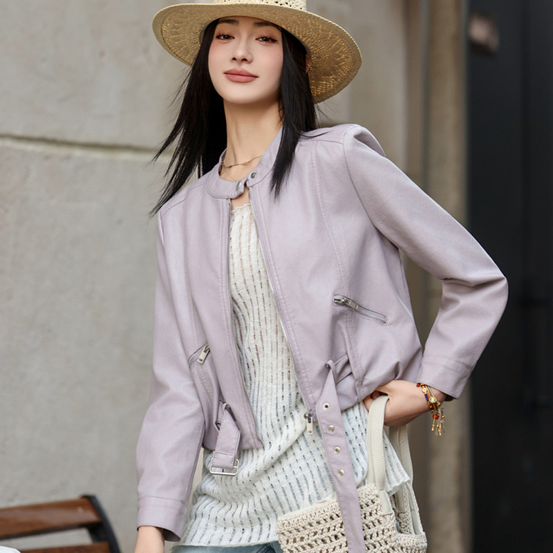 2026 Spring Korean Style New Purple Short Motorcycle Leather Jacket Women's Long Sleeve Zipper Pu Leather Fashion Coat