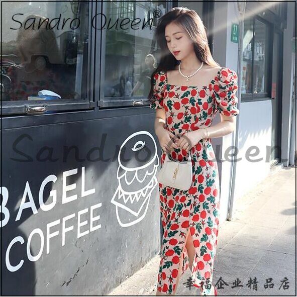 sandro queen method high-end real silk lined with foam sleeveless flower dresses in a long skirt open fork