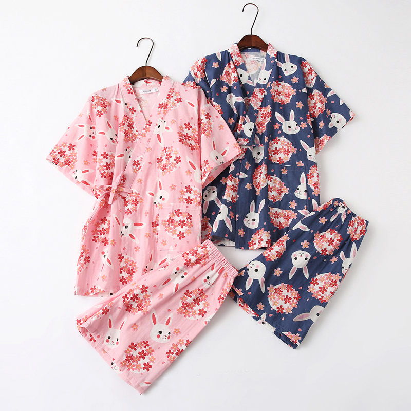 Summer gauze short-sleeved shorts kimono pajamas ladies cotton thin section Japanese sweat clothes cute home clothes set