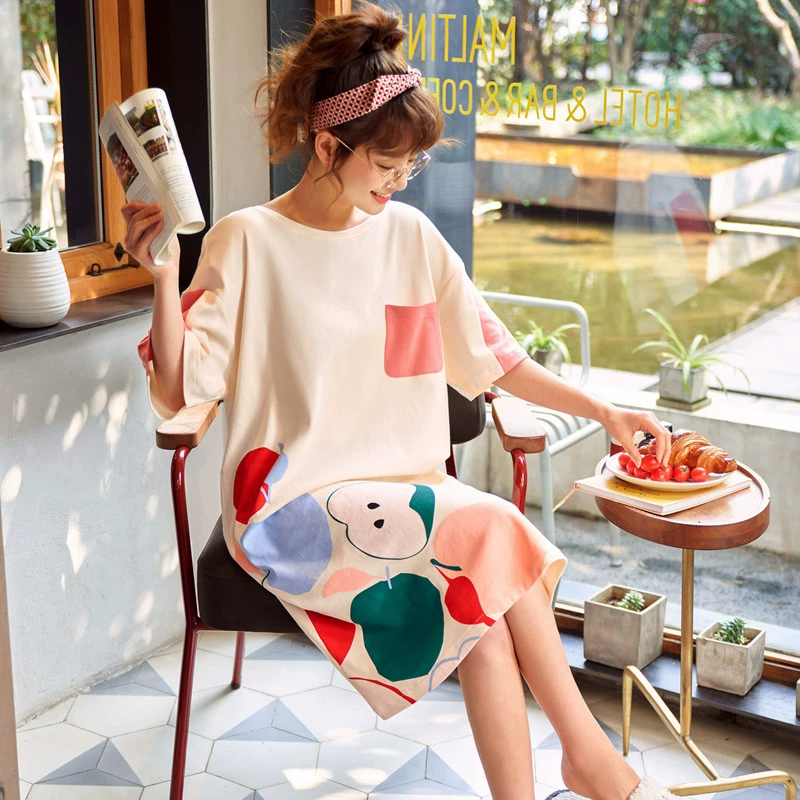 Tìm kiếm váy ngủ mùa hè dài giữa sinh viên cotton ngắn tay rộng rãi đồ ngủ kích thước lớn phụ nữ ngọt ngào và có thể được mặc bên ngoài quần áo ở nhà - Đêm đầm