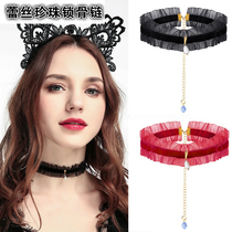 Japanese and Korean version of retro black lace choker pearl necklace girl collar collar strap student jewelry Mori neck